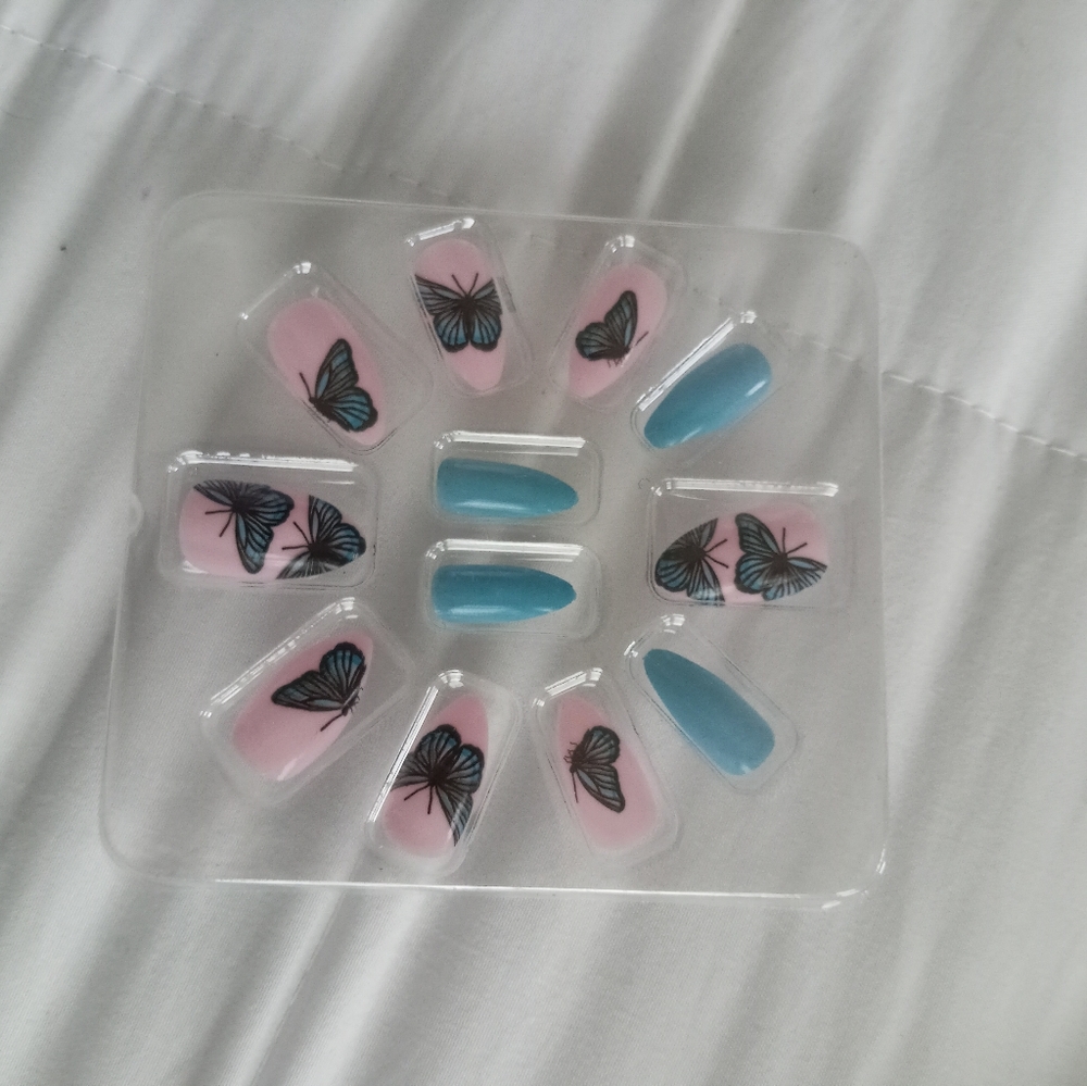 New pastel and blue butterfly glue on press on nails
